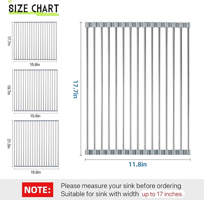 Sayehuanye Roll Up Dish Drying Rack, 17.7" x 11.8" Over The Sink Dish Drying Rack, Kitchen Dish Rack Foldable Dish Drainer, Stainless Steel Dish Drying Rack for Kitchen Sink Counter Storage (Grey)