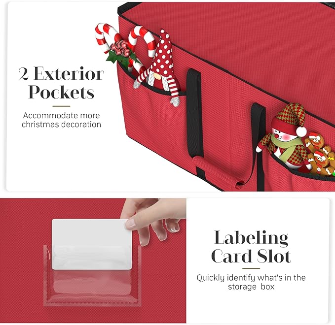 Christmas Ornament Storage Box with 8 Trays, Christmas Storage Container for 128-3'' Holiday Ornament Decorations, Large Xmas Organizer with Adjustable Dividers, Dual Zipper and Pocket - Red