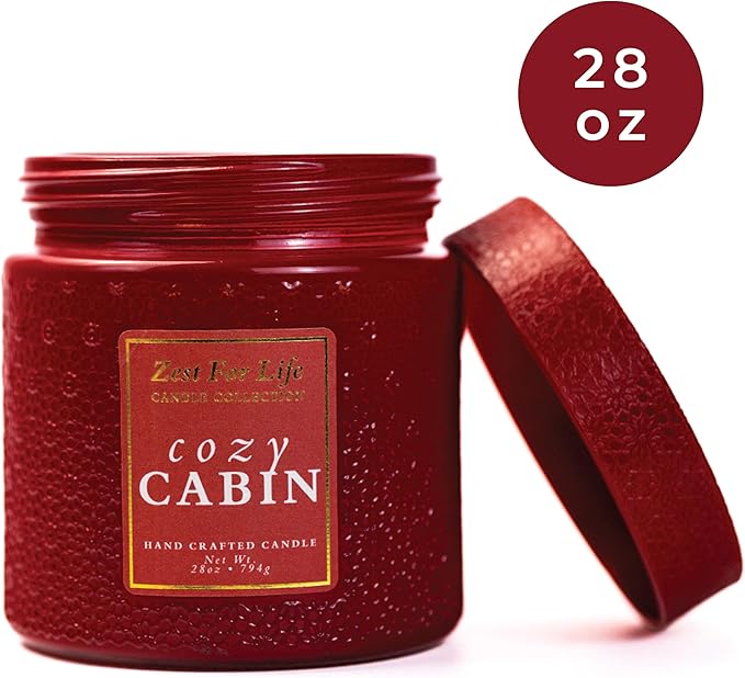 A Cheerful Giver - 28oz Large Scented Candle Jar with Lid- Zest for Life - 130 Hours of Burn Time, Gift for Women (Large, Cozy Cabin)