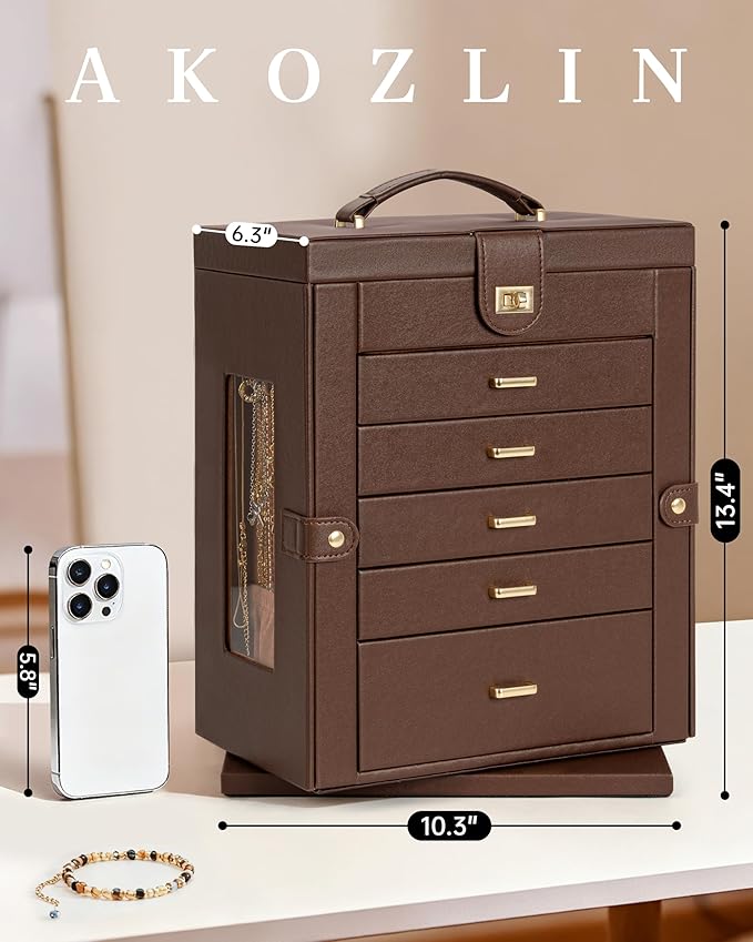 AKOZLIN 360° Rotating Jewelry Box 6-Tier Organizer Functional Jewelry Storage Case for Women Girls Ring Necklace Earring Bracelet Holder with Mirror Brown