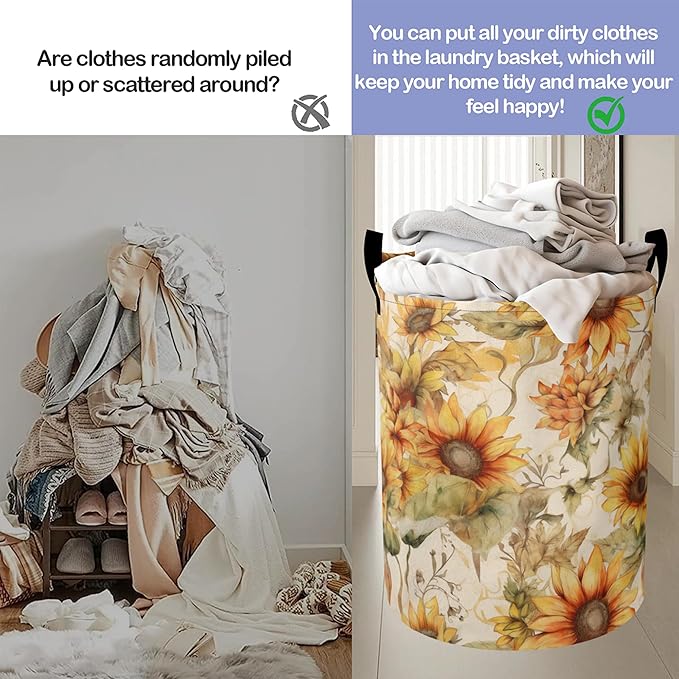 Laundry Basket, Retro Sunflower Flowers Oxford Cloth Laundry Hamper With Handle Foldable Portable Clothes Storage Basket Storage Bag For Laundry Room/Bathroom/Bedroom/Dormitories