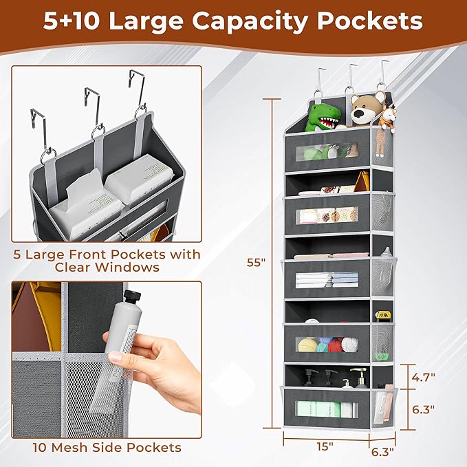XyVoltic 5-Tier Over The Door Storage Organizer with 10 Side Mesh Pockets, 48 lbs Load Capacity, 3 Hooks Design, Door Hanging Organizer with Clear Windows for Bathroom, Bedroom, Nursery, Kitchen-Grey