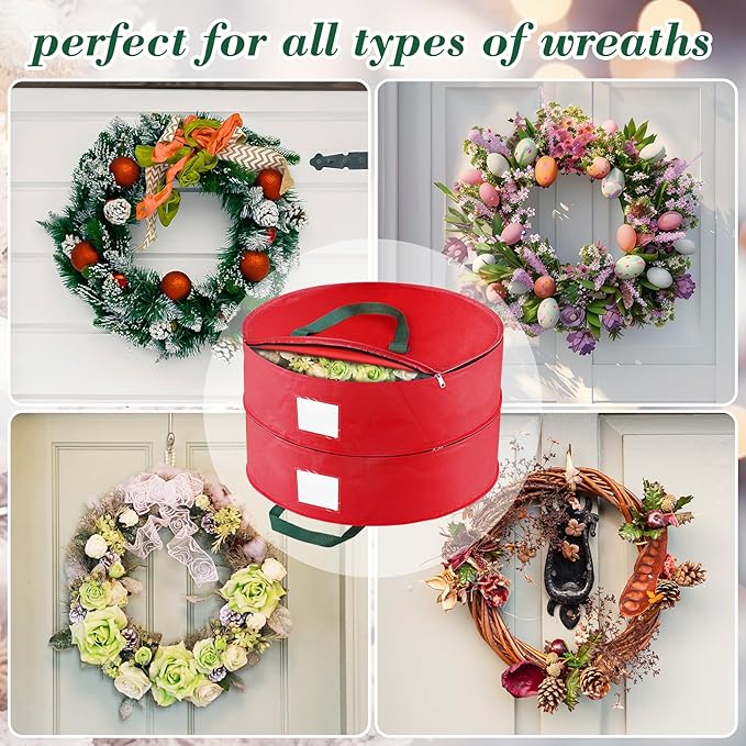 Wreath Storage Container, Christmas Wreath Storage Bags for 2 Wreath with Dual Zipper and Handles, Dust, Pest Protection,Holiday Wreaths Storage Holder 24” (RED)