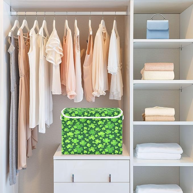 Bolaz Clover St Patrick Day Storage Bins with Lids and Handles, Foldable Storage Box Storage Basket with Cover Collapsible Organizer Containers for Home Closet, Shelves