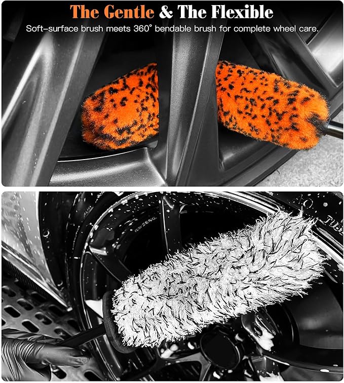 YeewayVeh 4PCS Car Wheel Brush Kit, Microfiber Wheel Cleaner Brush with Boar Hair Detailing Brush, Bendable & Durable Wheel and Tire Brush Kit for Cleaning Wheels, Tires