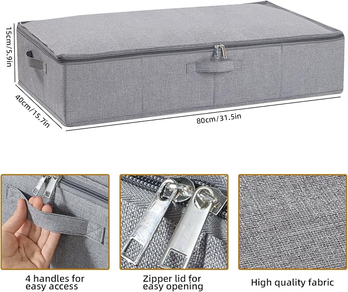 YheenLf Underbed Storage Organizers, 31.5 x 15.7 x 5.9 Inch Container Bags with Lids and Handles, Storage Boxes for Blanket, Pillows, Shoes, Grey, 2 Pack