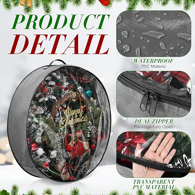 Aliceset 4 Pack Wreath Storage Containers, Christmas Ornament Garland Wreath Storage Bags with Handle Dual Zipper Large Decorative Storages Box for Winter Wreaths(36 x 36 x 7.8 Inch,Gray)