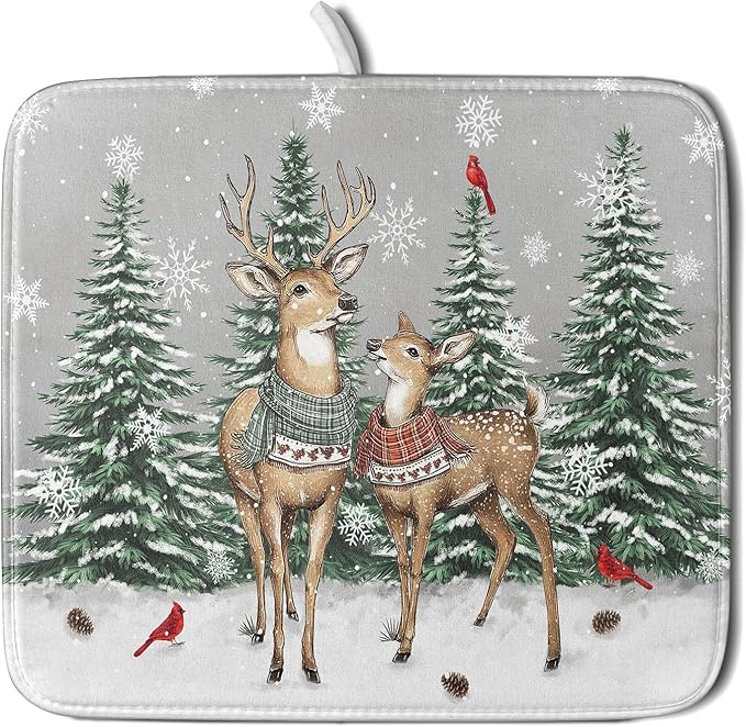 Winter Deer Dish Drying Mat Pine Tree Absorbent Dish Dry Pad Seasonal Microfiber Dish Drainer Mats for Kitchen Counter Coffee Bar 16x18 in