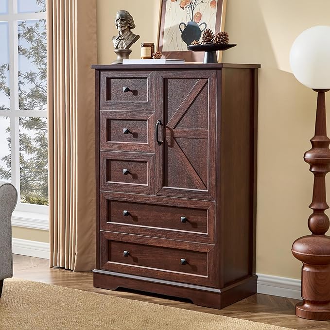 LIDYUK 5 Drawer Cherry Wood Dresser for Bedroom Farmhouse Dresser Chest of Drawers, 48" Tall Clothes Organizer with Storage Cabinet Wood Chest of Drawers for Bedroom, Living Room