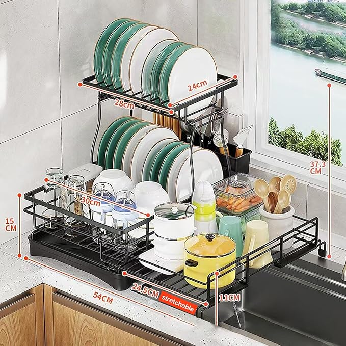 Expandable Dish Drying Rack–Adjustable Single or 2 Tier Dish Rack System,Double Dish Drainer,Large Capacity,2-in-1 Anti-Rust Stainless Steel Dish Rack for Kitchen Counter and Sink (2 Tier Expandable)