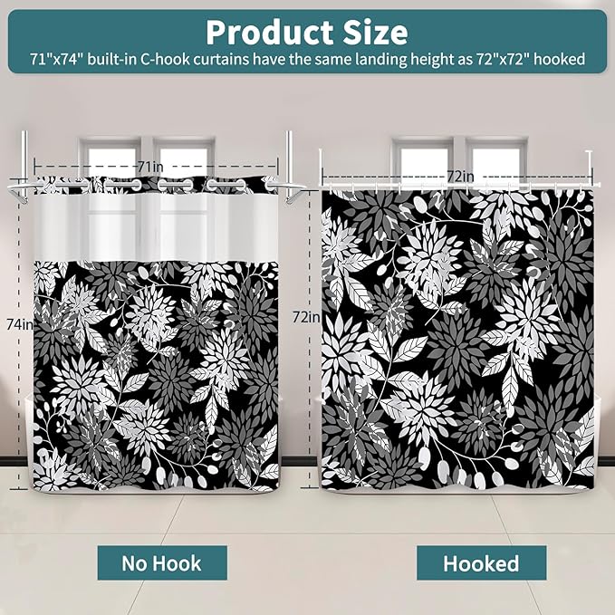 TQUQOBU Black and White Leaves No Hook Shower Curtain and Liner Set, Hotel Luxury Double Layers Waterproof Fabric Shower Curtain, Modern Vintage Boho Botanical Bathroom Curtains, 71x74 Inch