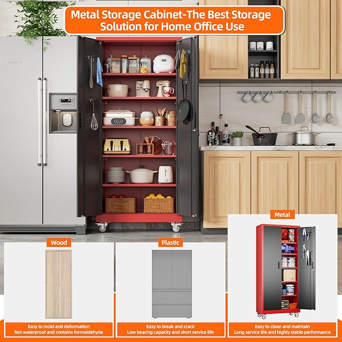 Garage Storage Cabinet with Wheels and Pegboard, 71" H x 32" W x 16" D Lockable Metal Storage Cabinet with 5 Adjustable Shelves and 2 Doors for Garage Home, Assembly Required, Black and Red