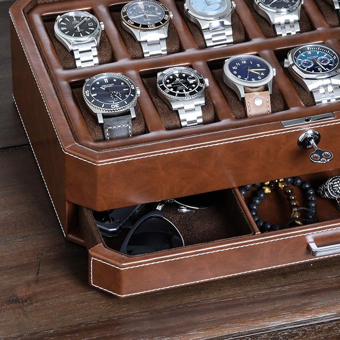 ROTHWELL 12 Slot Leather Watch Box with Valet Drawer - 12 Slot Luxury Watch Case Display Organizer, Microsuede Liner, Mens Accessories Holder, Jewelry Case, Jewelry Display Organizer (Tan/Brown)