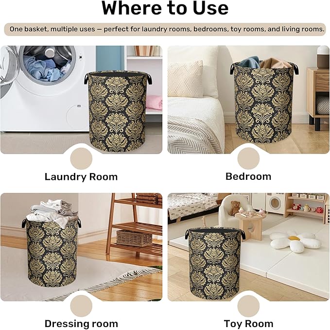 Golde Black Damask Flowers Laundry Basket - Extra Large Foldable Washable Laundry Hamper with Handles, Storage Bin for Bathroom/Laundry/Bedroom/Dorm