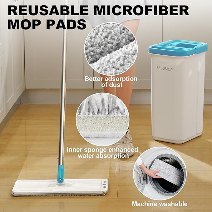 BEJOMOP Mop and Bucket Set with Wringer, Turquoise-Cyan Wall Mop Cleaner with Long Handle, Squeeze Flat Mop and Bucket System, Dry & Wet Dust Mop for Household Floor Cleaning with 2 Microfiber Mops