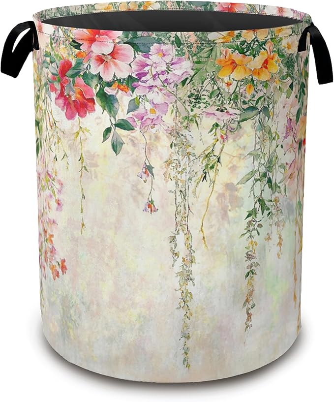 Abstract Colorful Flowers Laundry Basket,Watercolor Painting Collapsible Laundry Baskets with Handles,Waterproof Oxford Cloth Storage Basket 16"x20" for Bathroom/Bedroom/Dormitories