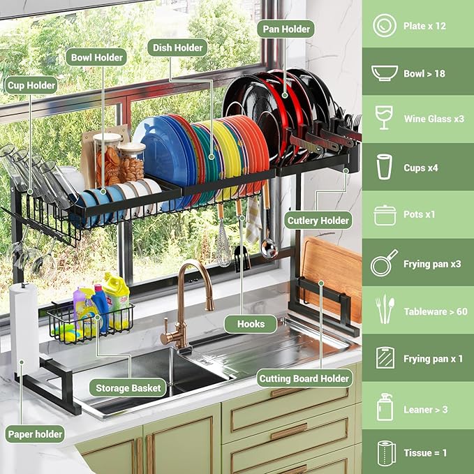 ADBIU Over The Sink (24"- 35.5" L) Dish Drying Rack (Expandable Dimension) Snap-On Design 2 Tier Kitchen Large Dish Drainer Counter Storage Organizer