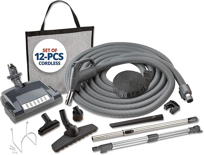 Central Vac Carpet & Bare Floor Electric Direct Connect Attachment Set for Cleaning Carpets, Hardwood Floors, Furniture & Draperies - 30FT Hose, Twist & Turn Brush, Electric Brush, Wands & Storage Bag