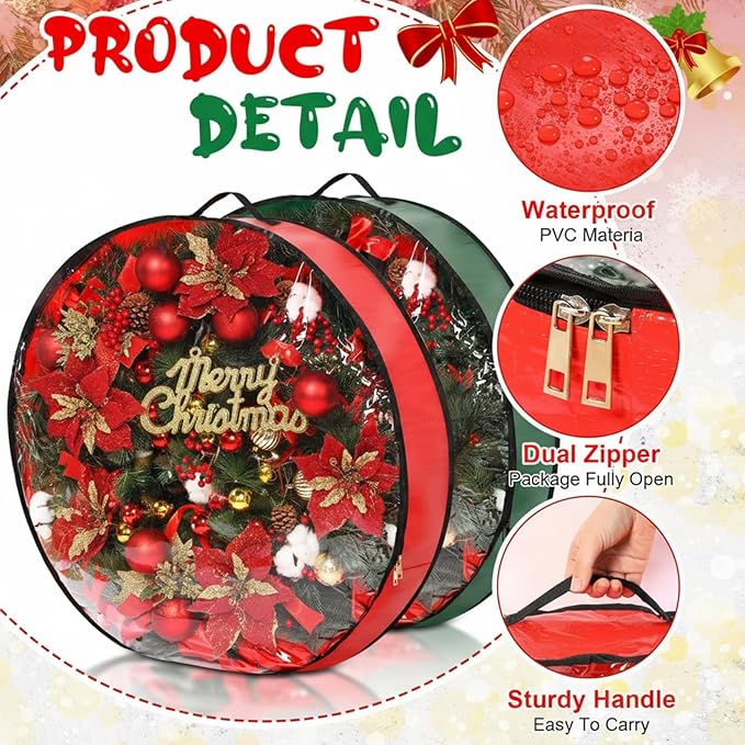 Aliceset 4 Pack Wreath Storage Containers, Christmas Ornament Garland Wreath Storage Bags with Handle Dual Zipper Large Decorative Storages Box for Winter Wreaths(36 x 36 x 7.8 Inch,Red, Green)