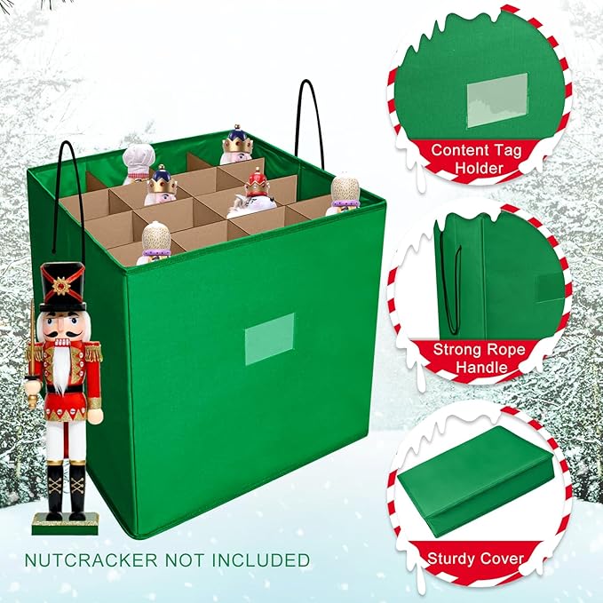Christmas Nutcracker and Figurine Collectible Storage Box, Fits 16 Holiday Ornaments, Stores Up to 16" Tall Ornaments, Holiday Decor Organizer with Dividers, Nutcracker not Included(Green)