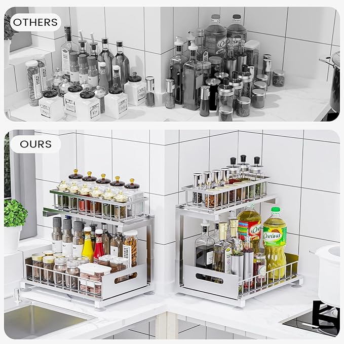 Toyear Under Sink Organizer, Heavy Duty Metal Pull Out Cabinet Organizer Slide Out Sink Shelf Organizer Height Adjustable, Multi-Purpose Storage Shelf for Kitchen Bathroom(Sliver,2Pack)
