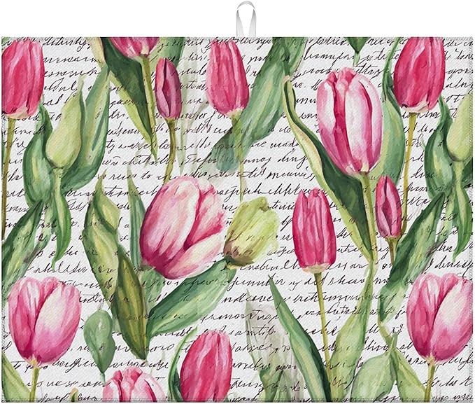 Dish Drying Mat For Kitchen Counter, Pink Tulip Flowers Text Microfiber Absorbent Dish Drainer Rack Pad Reusable Large 18x24in Drying Mat