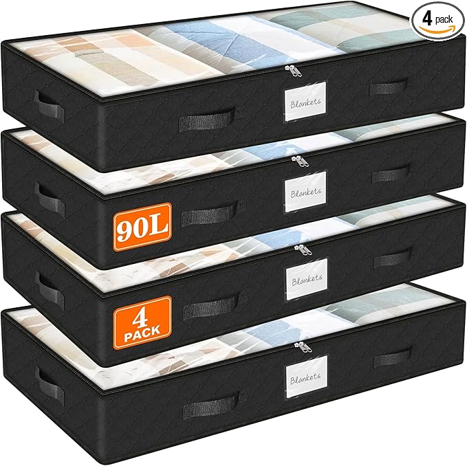 SpaceWhisper 90L Under Bed Storage Containers, 4-Pack Storage Bins with Clear Top, Foldable Closet Organizers and Storage with Label Holder for Clothing, Blankets, Comforter & Pillows(Black)