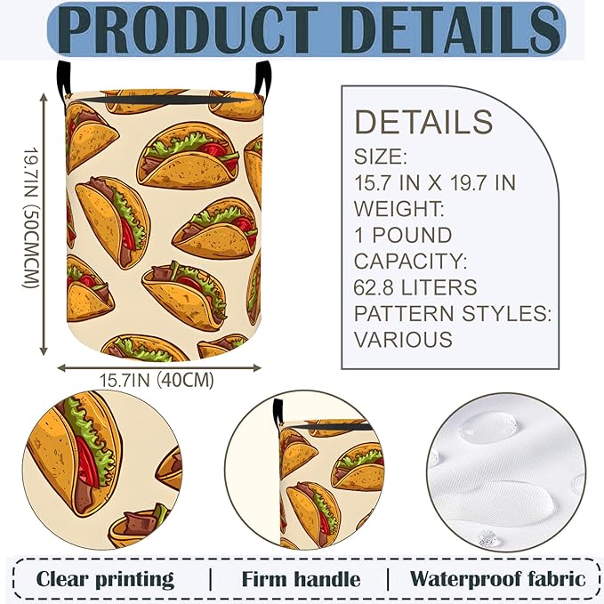 Taco Laundry Basket Hamper 19.7"x15.8", Fun Food Foldable Waterproof Oxford Clothes Storage Bucket for Room Bathroom Bedroom Nursery Decor, Toy Organizer Bins Gifts for Kids Boys Girls