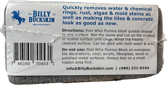 Pool-Whiz Pumice Block, Pool Tile & Concrete Cleaner, Pumice Stone for Cleaning Pools, Spas & Water Features, Pool & Spa Cleaner, Pumice Block for Rust, Stains Build Up by Billy Buckskin Co. Pack of 1