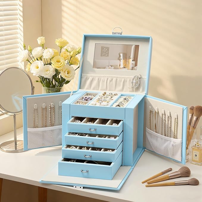 EnHomee Jewelry Box for Women, 5-Layer Large Jewelry Organizer with Mirror & 4 Drawers for Rings, Earrings, Necklaces, Bracelet Lockable Case with Lock (Blue + Silver)