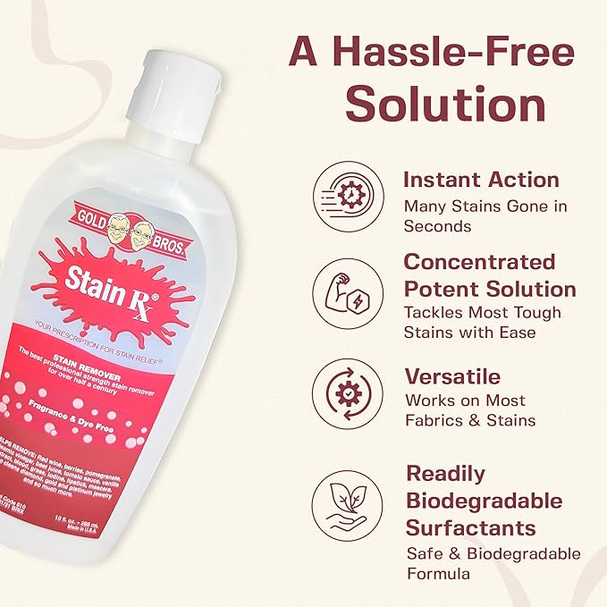 Stain Rx Stain Remover, Effectively Eliminates Stains from Wine, Berries & Blood on Fabrics, Carpets, Upholstery & Jewelry, Dye-Free, Free from Bleach, Peroxides & Phosphates, Made in USA, 10 oz