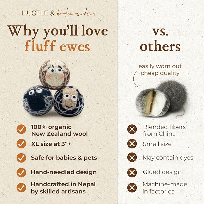 Hustle & Blush Fluff Ewes Wool Dryer Balls 3 Pack - Extra Large Darks Premium Hand Needled New Zealand Laundry Set, Reduces Drying Time, Static Control, Chemical Free Reusable for Essential Oils