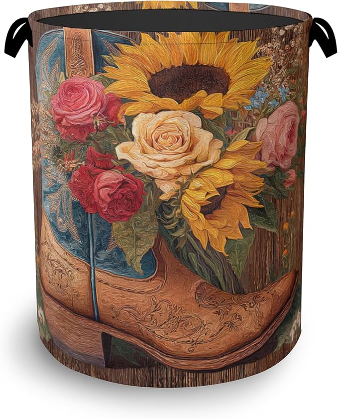 Cowboy Boots Laundry Basket,Wooden Sunflowers Foldable Oxford Cloth Tote Bag Laundry Hamper Clothes Storage Bucket Organizer for Bedroom Laundry Storage Dormitories 16" x 20.8"