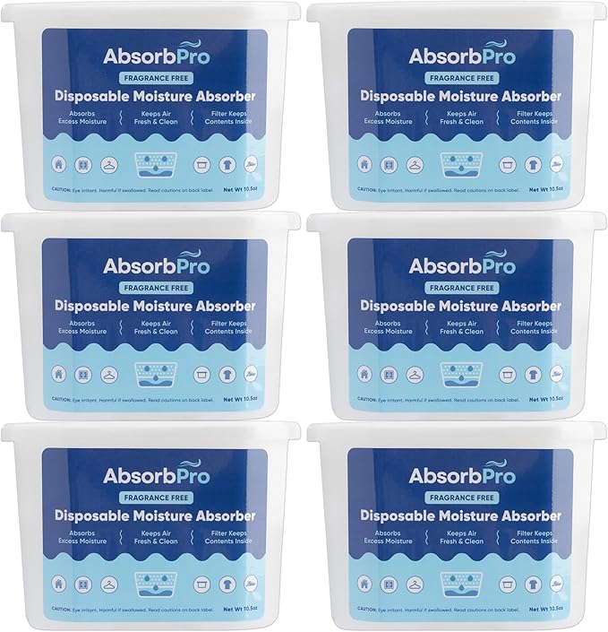 Absorb Pro - Moisture Absorber Tub Fragrance Free - 6-Pack - 10.5 oz Unscented Disposable Odor Eliminator Box & Dehumidifier for Garage, Home, Kitchen, Bedroom, Bathroom, Closet, Cars, and Boats