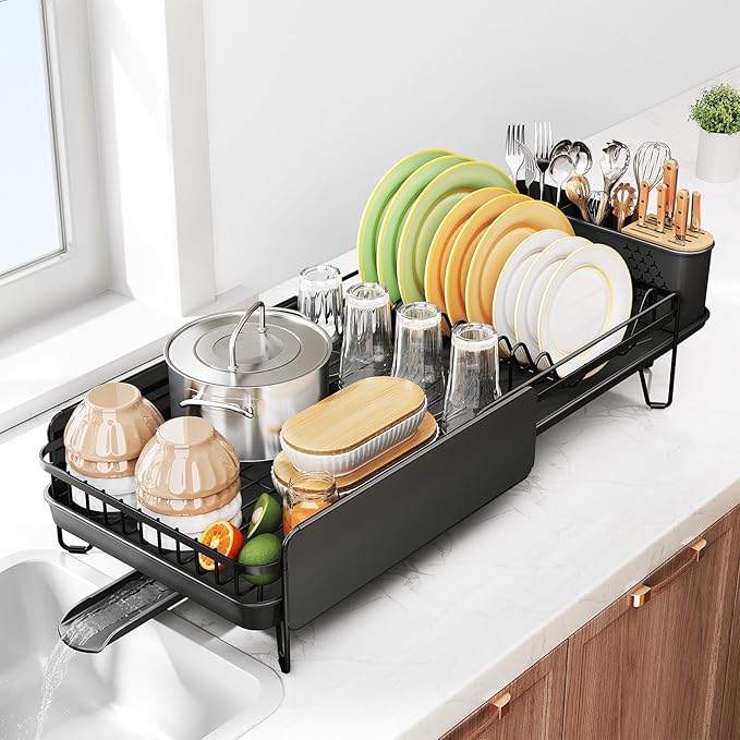 SNTD Dish Drying Rack - Large Dish Racks for Kitchen Counter, Expandable Dish Drainers with Cutlery Holder Stainless Steel Rustproof, Black