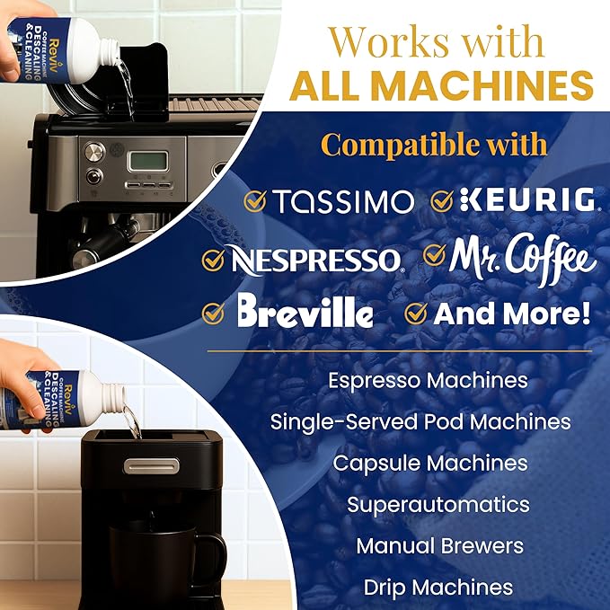 REVIV Coffee Maker Descaling Solution (4 Uses) 16.9 fl oz – Universal Coffee Descaler for Keurig, Nespresso, Breville & Delonghi Machines – Descaler for Multi-Cup & Single Serve Brewers