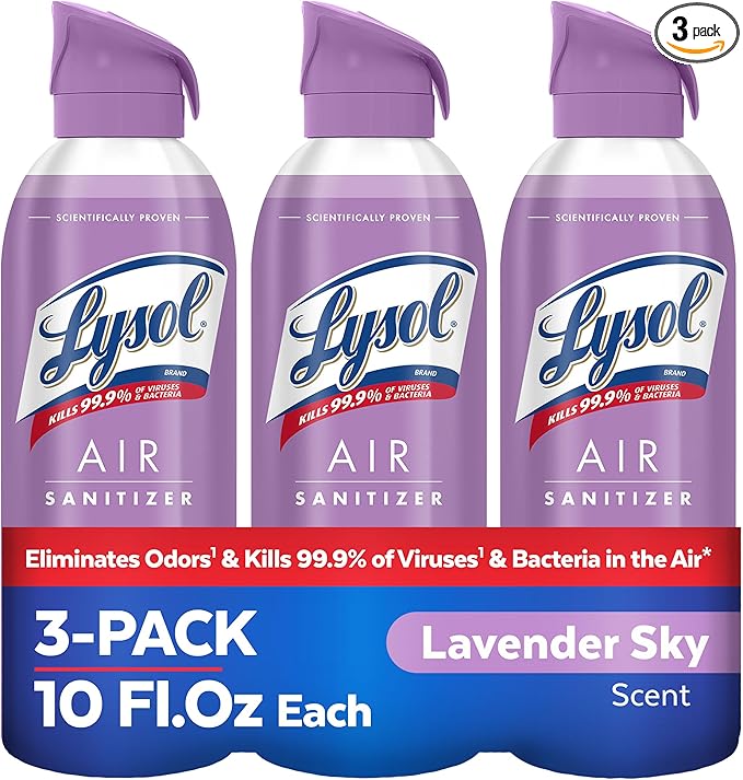 Lysol Air Sanitizer Spray with Odor Eliminator - Lavender Sky Scent - 10 oz Bottle (296 ml) - Pack of 3 - Sanitizing Air Freshener Alternative - Home, Bathroom, Kitchen - Kills Airborne Bacteria