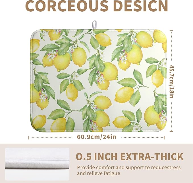 Wnoesat Summer Lemon Drying Mat Watercolor Fruit Yellow Lemon With Green Leaf Floral Dish Drying Mats for Kitchen Counter 18×24 Inch Microfiber Absorbent Dish Pad