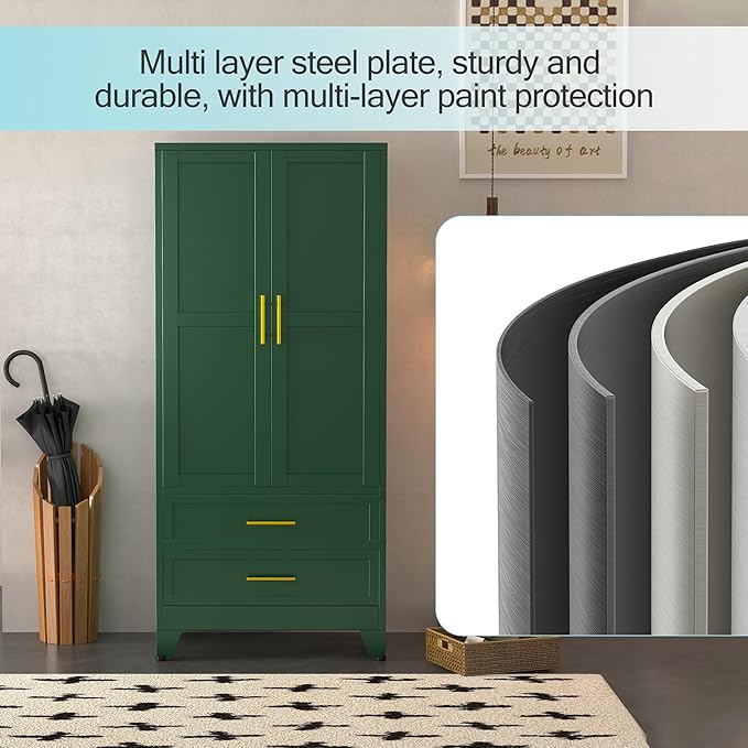 Metal Armoire Wardrobe Closet, 71 "Metal Clothing Storage Cabinet with Adjustable Shelves and Hanging Rod, Household Steel Wardrobe Storage Cabinet with Drawers (armoire-Green)