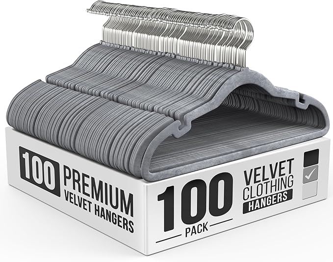 100 Pack Velvet Hanger for Shirt Pants Dresses Skirts Suits Jackets - Slim Space Saving Design - Standard Coat Hanger - Sturdy & Durable Design with Shoulder Grooves Hook