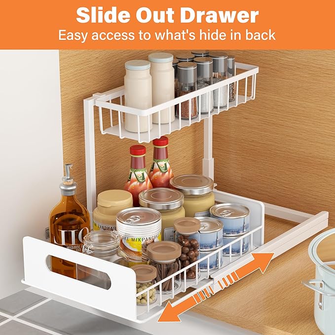 MERATIA 2 Pack Under Sink Organizer, 2 Tier Pull Out Cabinet Organizer,Slide out Metal Cabinet Organizers Multi-Purpose Drawer Shelf for Kitchen Bathroom Pantry Cabinet Closet Organization Rack,White