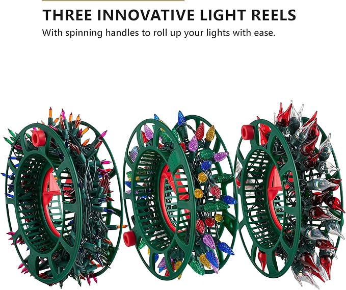 ZOBER Christmas Light Storage Reels - Christmas Light Organizer with 3 Plastic Wheels - 600D Oxford Fabric - Fits 200 Mini Lights per Spool, Lights Storage - Stitched Reinforced Handles - Red