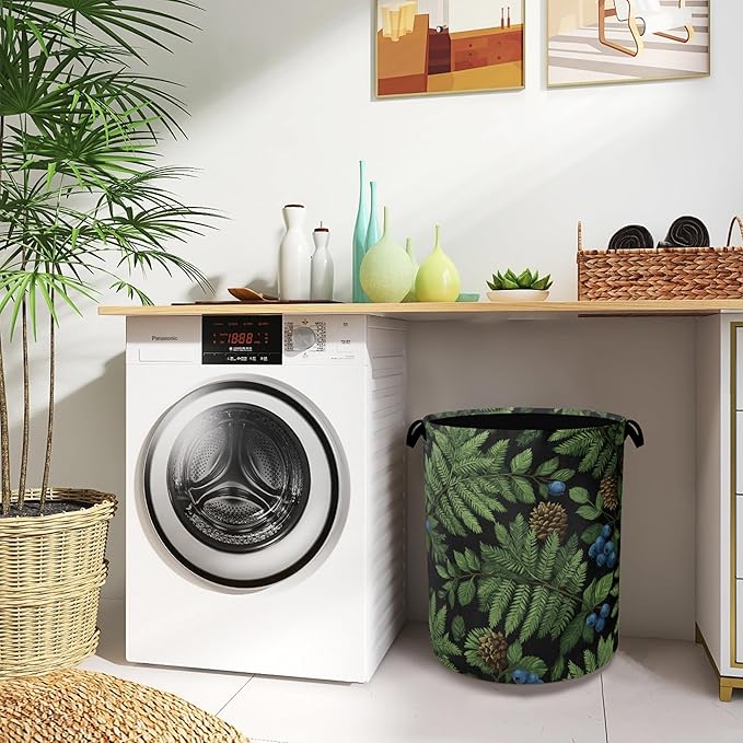 Ferns Blueberry Laundry Basket,Nuts Foldable with Handles Tote Bag Oxford Cloth for Bathroom Bedroom Dirty Clothes Storage Bucket 16" x 20.8"