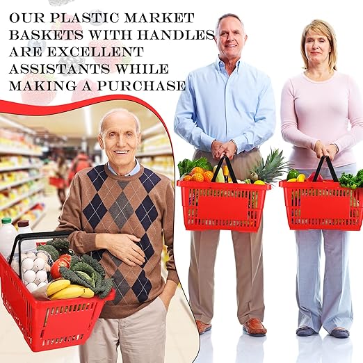 12 Pcs Shopping Baskets 20 L Plastic Store Retail Baskets with Handles 16.9 * 11.8 * 9.1 Inches for Market Grocery Supplies Thrift Convenience Storage(Red)