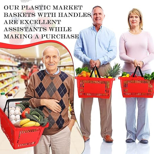 12 Pcs Shopping Baskets 20 L Plastic Store Retail Baskets with Handles 16.9 * 11.8 * 9.1 Inches for Market Grocery Supplies Thrift Convenience Storage(Red)