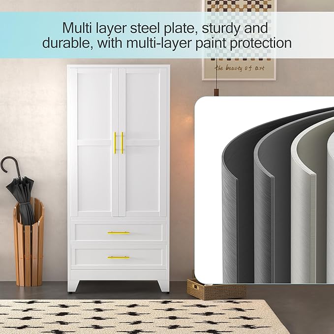 Metal Armoire Wardrobe Closet, 71 "Metal Clothing Storage Cabinet with Adjustable Shelves and Hanging Rod, Household Steel Wardrobe Storage Cabinet with Drawers (armoire-White)