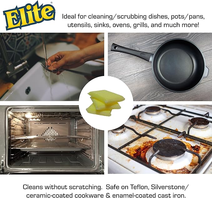Elite All Purpose Cleaning Pad, 3 Pack, Non Scratch, Dish Sponge, Scrubber, Sponges for Kitchen and Household Use, Made in USA