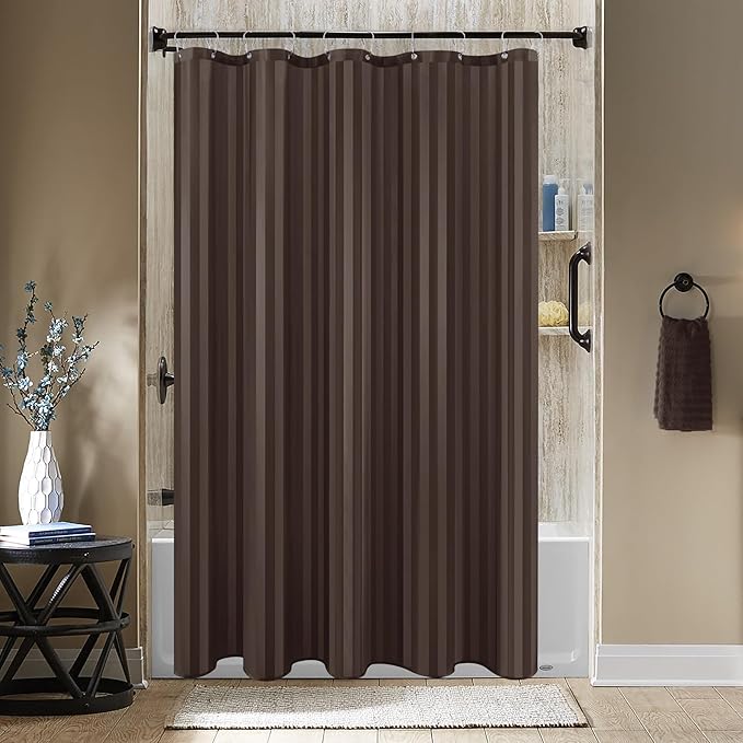 Biscaynebay Fabric Shower Curtain or Liner 72" by 72", Brown Water Repellent Damask Stripes Bathroom Curtains Machine Washable