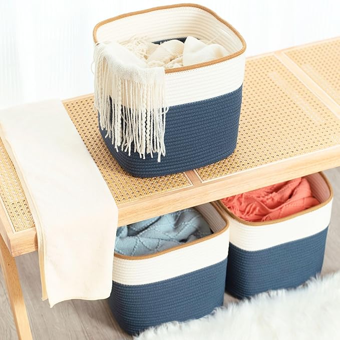 MINTWOOD Design 3-Pack 11x11 Inch Cube Storage Bin, Woven Storage Cube Organizer, Closet Organizer, Cute Square Storage Bins, Decorative Classroom Bathroom Pantry and Shelf Baskets, Prussian Blue