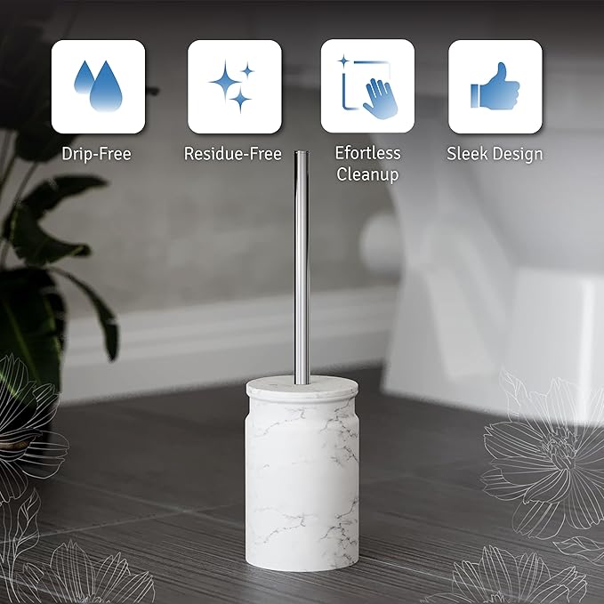 Toilet Brush and Holder Set - Toilet Bowl Brush and Holder with Sturdy Bristles for Thorough Cleaning - Concealed White Bathroom Accessories Toilet Cleaner Brush for Bathroom (Marble Look)